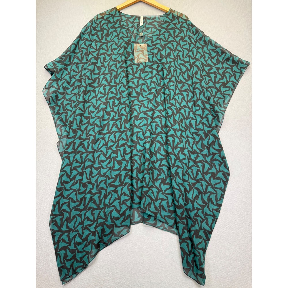 Tallulah & Hope Teal Green Bird Print 100% Silk Kaftan Poncho Cover-up One Size